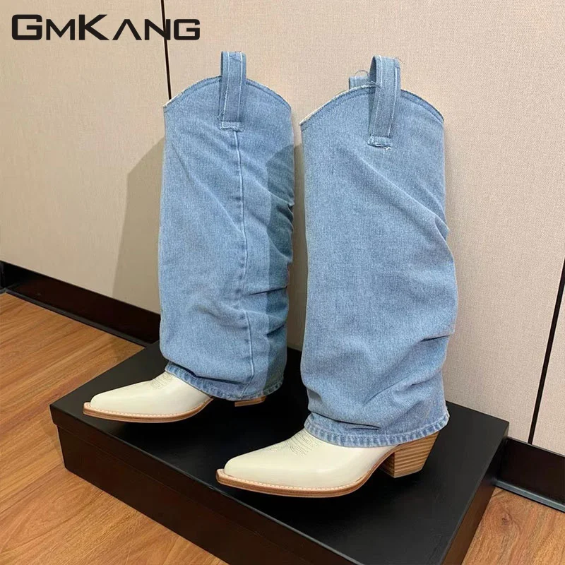 

New Square Heels Knee High Boots Women Genuine Leather Patchwork Runway Shoes Denim Pants Tube Western Cowboy Boots Woman