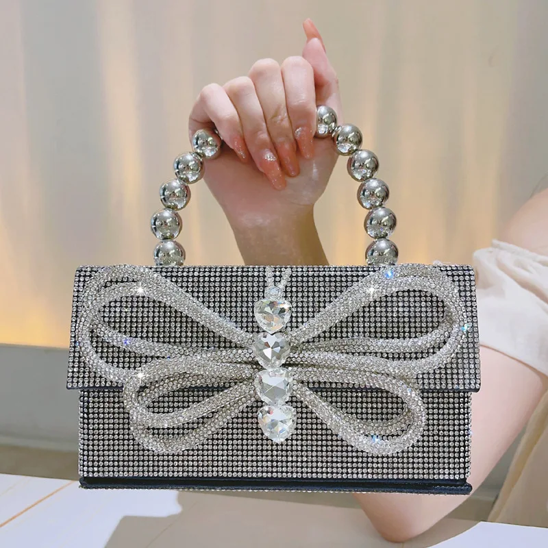 

Silver Evening Purse Butterfly Crystals Formal Banquet Hand Bags Luxury Beaded Handle Mini Case Bag Rhinestone Handbag for Women
