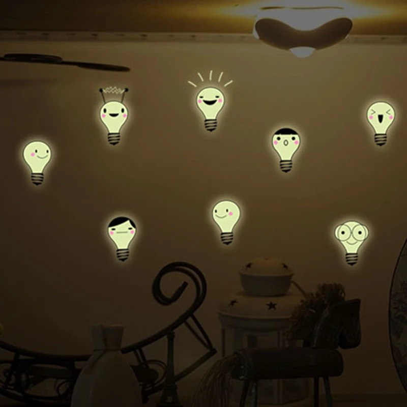 Kids Favorite Luminous Stickers Cartoon Smile Light Bulb Glow in the Dark Room for Home Decoration Study Bedroom Wall Art Decals