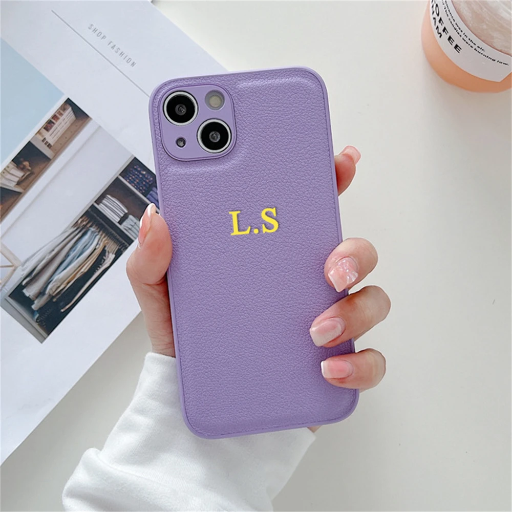 thumbnail image 1 of Customized Initials Fluorescent Green Leather Case For iPhone 15 14 Pro Max 13 12 11 XS MAX XR 7 Plus Luxury Personalised Cover, 1 of 5