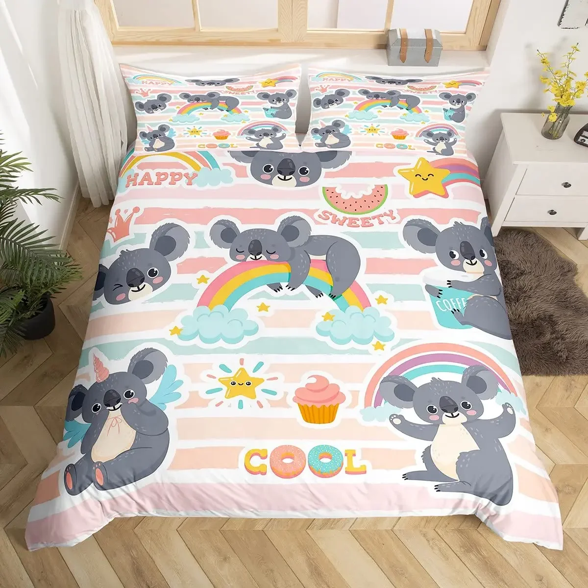 Cartoon Cute Koala Duvet Cover Women Kids Girls Teens Warm Gifts Room Decor Pink Flowers Cartoon Animal Theme Queen King Bedding 5