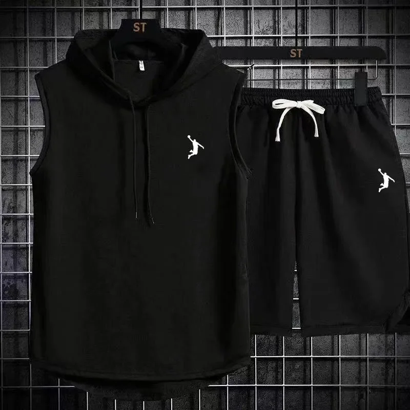 2024 new Summer Men's Muscle Hoodie vest Sleeveless Fitness Gym Fitness shirt High quality vest Hip Hop Sweatshirt suit