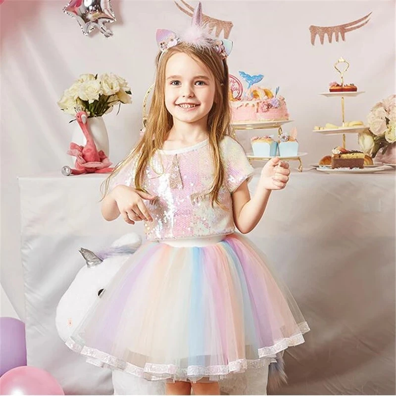 Summer Baby Girl Princess Dress Set Kids Clothes Rainbow Tulle