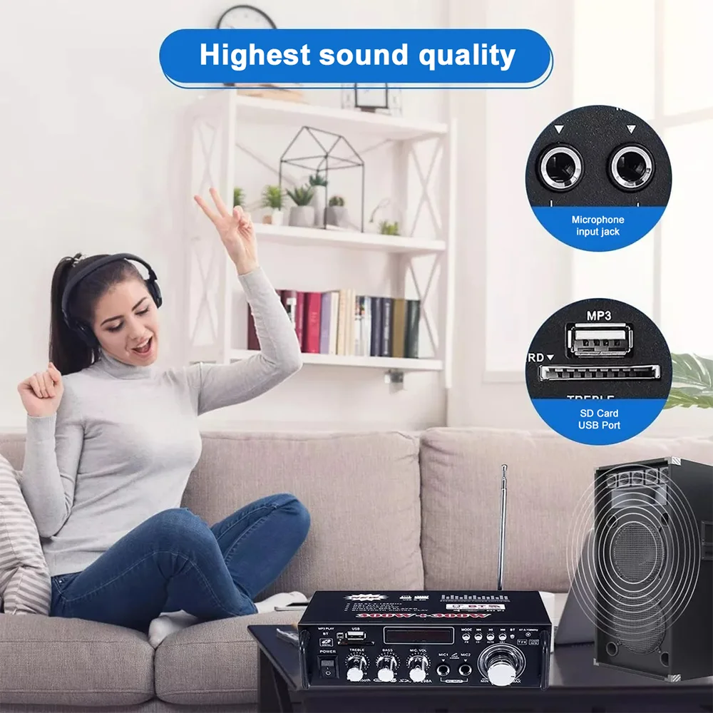 Home Amplifier Stereo Receivers Audio Max 300W*2 Power Amplifier BT USB SD RCA Remote car Stereo System