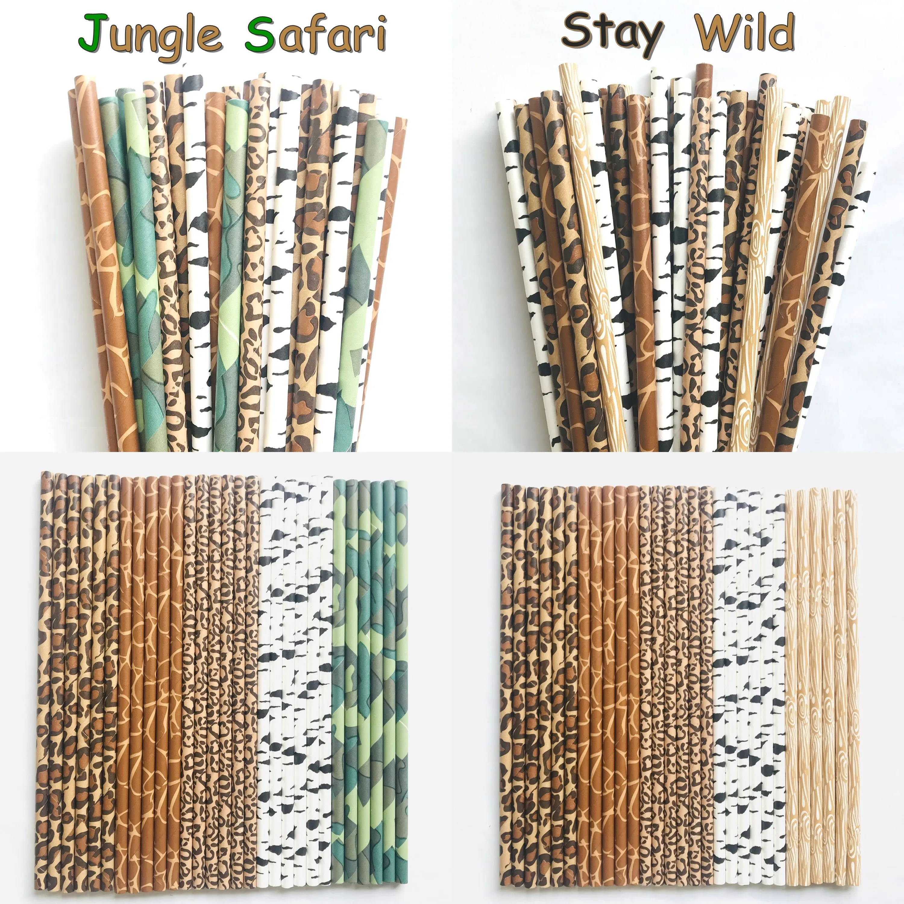 

125 Pcs Jungle Safari Paper Straws,Animal Zoo Leopard Giraffe Cheetah Zebra Camouflage Wild Party Woodland Forest Picnic BBQ Bar