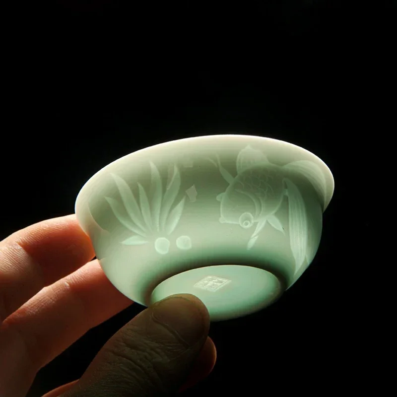 New China Kungfu Teacups Shadow Green/Azure Plum Orchid Bamboo Chrysanthemum Fish Ceramic Longquan Celadon Pu\'er Master Tea Cup
