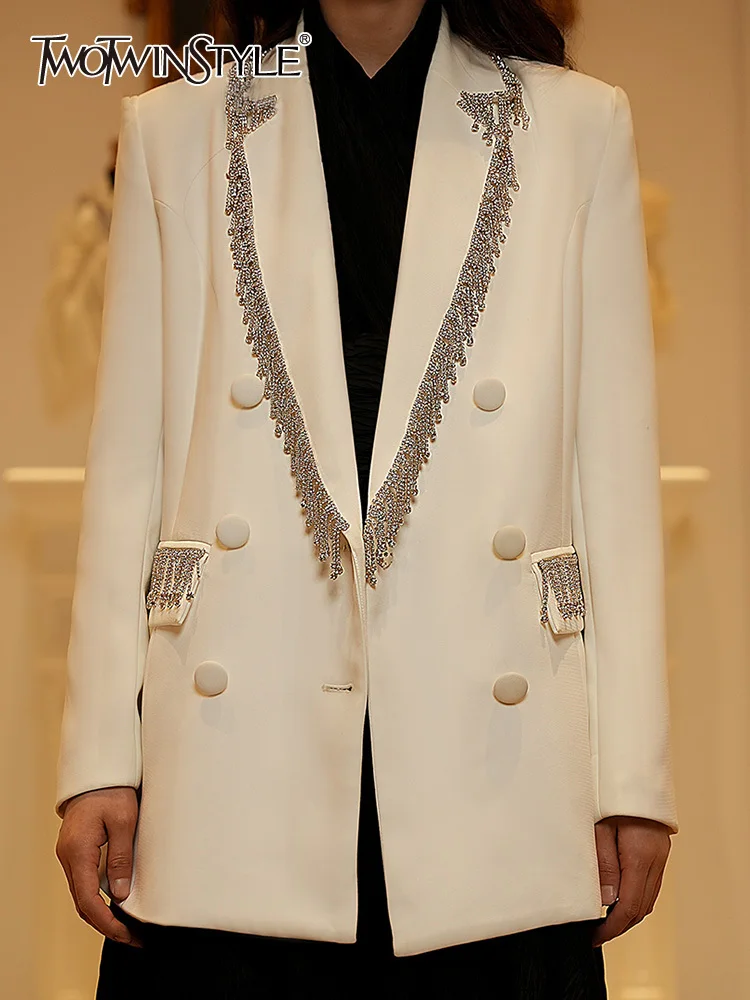 

TWOTWINSTYLE Patchwork Tassel Blazers For Women Notched Collar Long Sleeve Slim Temperament Blazer Female Fashion Clothing New