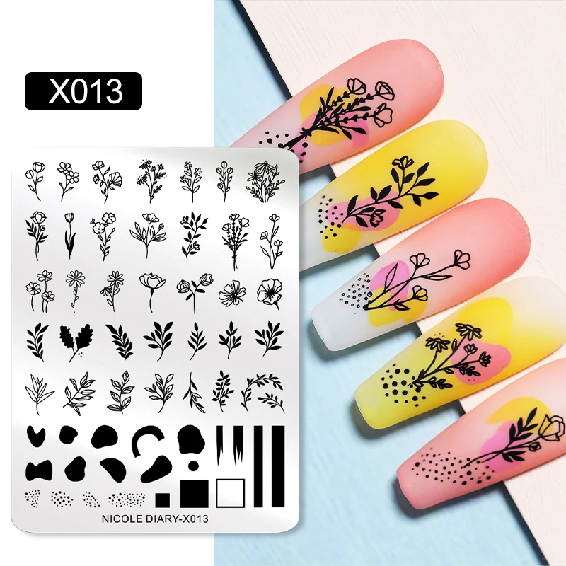 NICOLE DIARY Leaves Flower Nail Art Stamping Plates Drawing Template Geometric Stripe Line 3D Image Stencil Mold Printing Tools 3