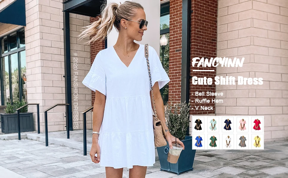 Women's Cute Shift Dress With Pockets Fully Lined Bell Sleeve Ruffle Hem V  Neck Loose Swing Tunic Mini Dress - Dresses - AliExpress