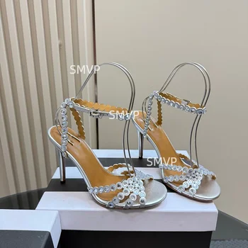 Women Crystal Rhinestone High Heel Sandals 2026 Summer New Toe Ankle Strap Thin Heels Transparent Silver Party Wedding Shoes