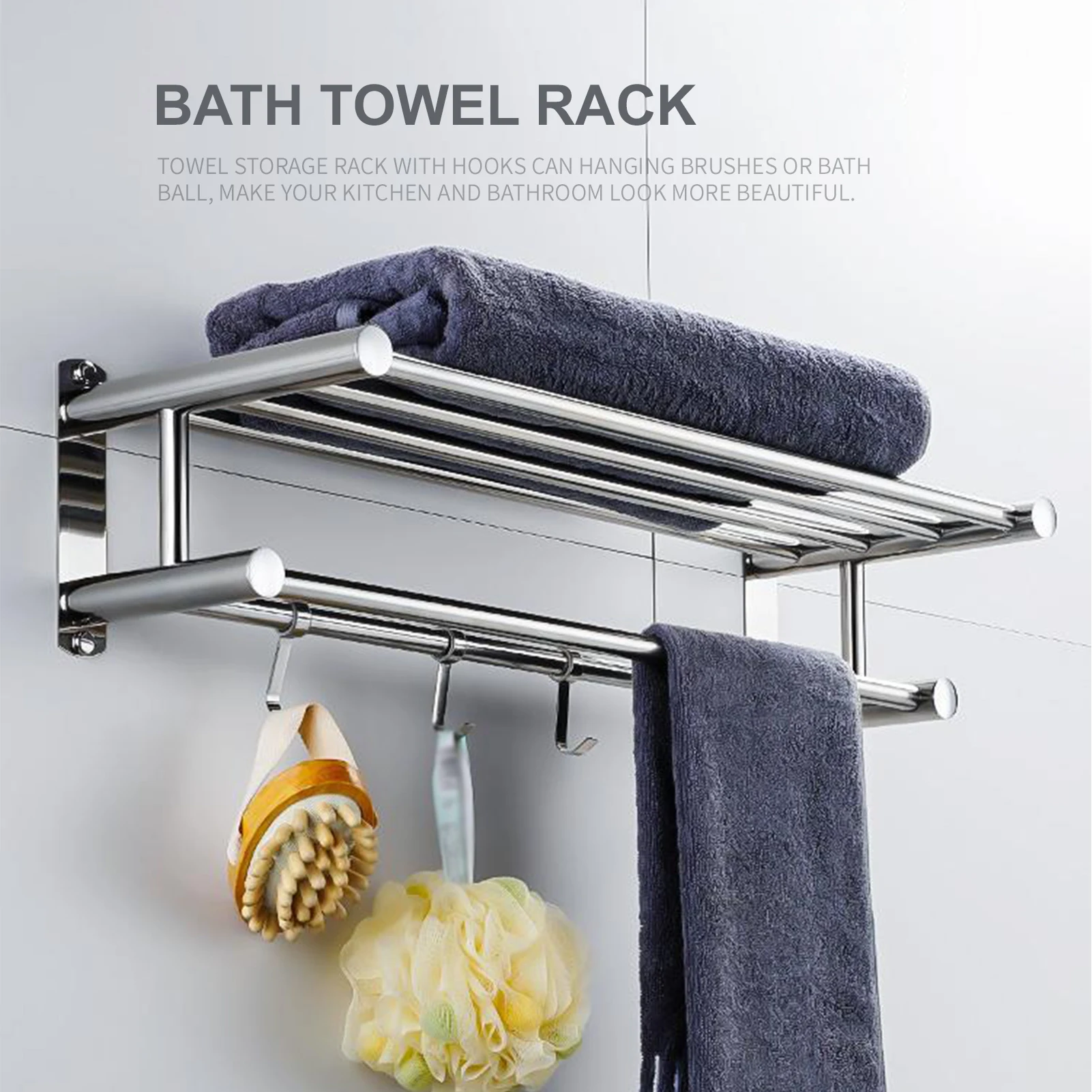Bath Towel Rack Double Layered Bathroom Shelves with 4 Removable Hooks Wall Mounted Towel Holder 23 Inch Bar Rustproof