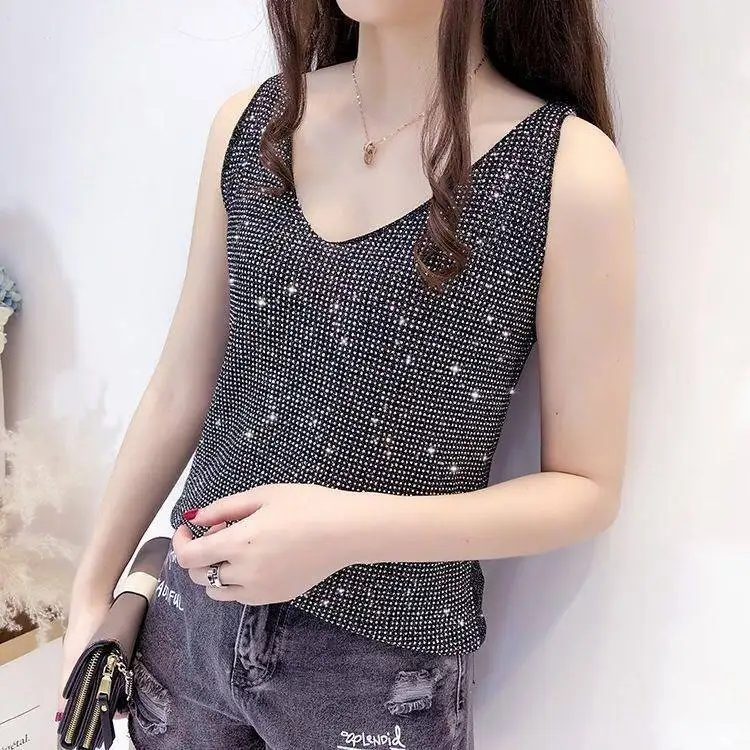 

2022 Spring Autumn Version Inlay Rhinestone Suspender Girl Vest Women V-neck Bottomed Fashion Shirt Lady Knitted Vest Black