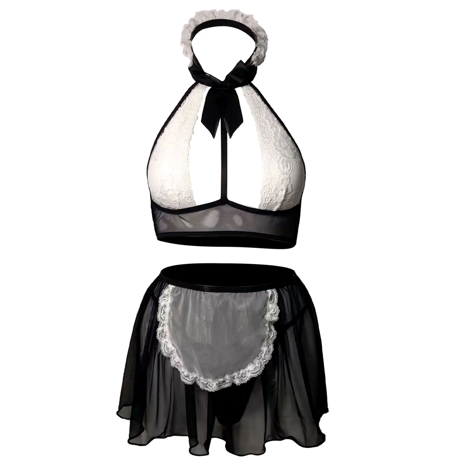 

Women Maid Role Play Lingerie Suit Bowknot Halter Lace Bra Tops Sheer Mesh Mini Skirt Low Rise G-string Hair Hoop Honeymoon Gift