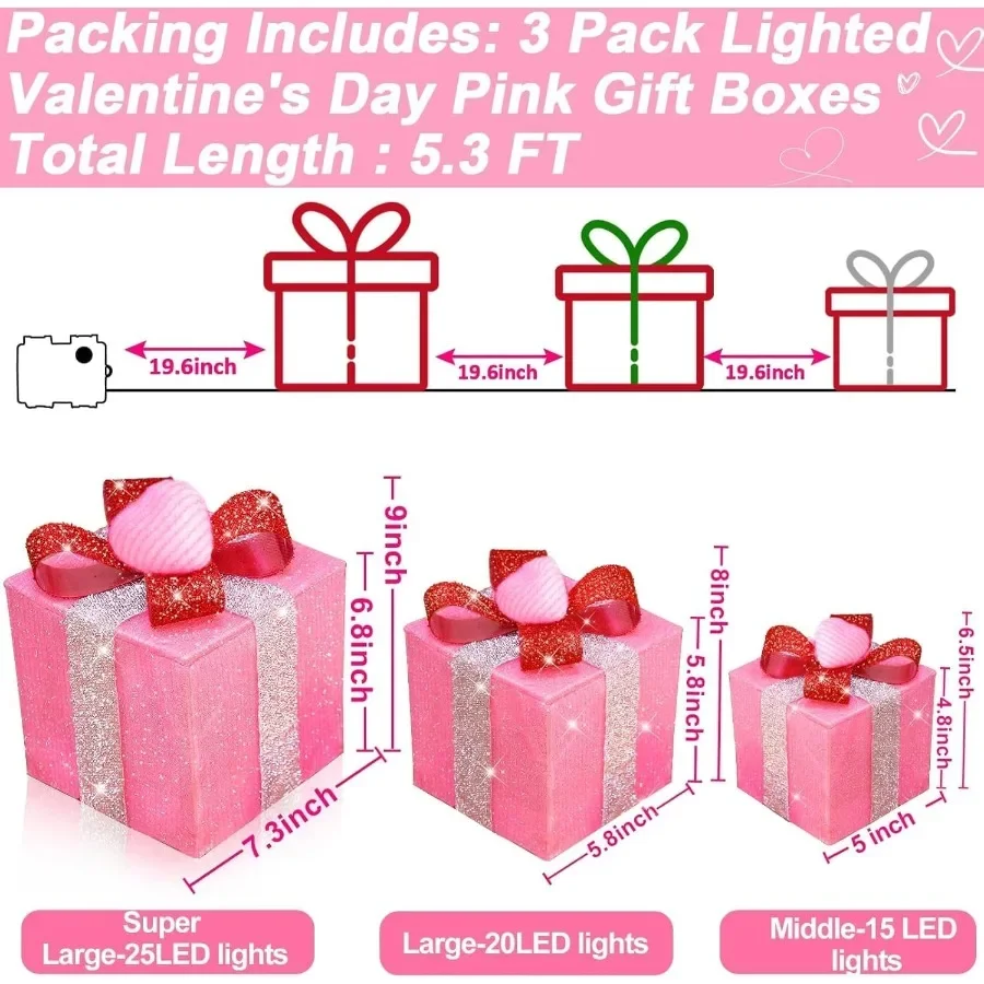Timer 8 Mode 3 Pack Christmas Decorations with Lighted Gift Boxes Featuring Pink Hearts and Red Glitter Bow 60 LED Battery Oper