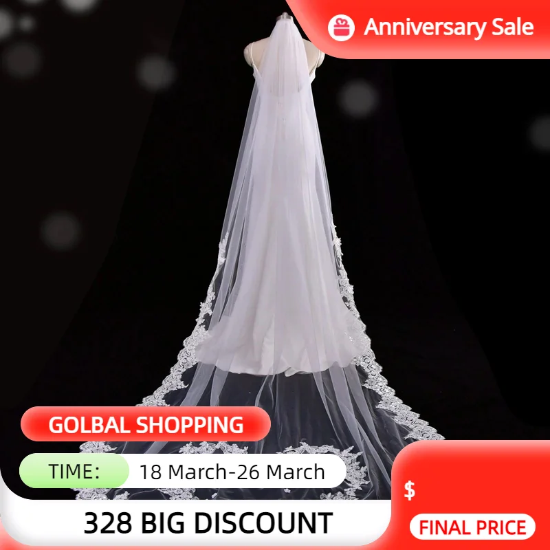 

V163 Love Shape Wedding Veil Long Bridal Veils Cathedral 1 Tier Lace Appliques Edge Mantilla Wide Wedding Accessories for Bride