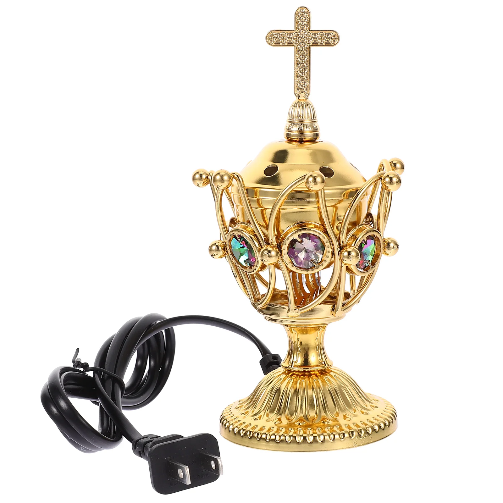 

Electric Incense Burner Plug-In Cross Incense Holder Golden Bakhoor Burner Vintage Tabletop Incense Stove Oud Frankincense