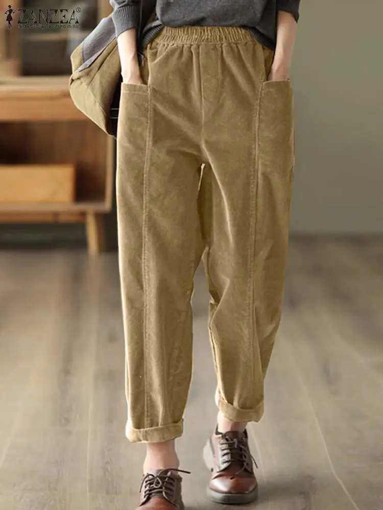 

ZANZEA Women Elastic Waist Pockets Long Pants 2024 Autumn Pantalons Casual Loose Harem Trousers Fashion Solid Color Pants Femme