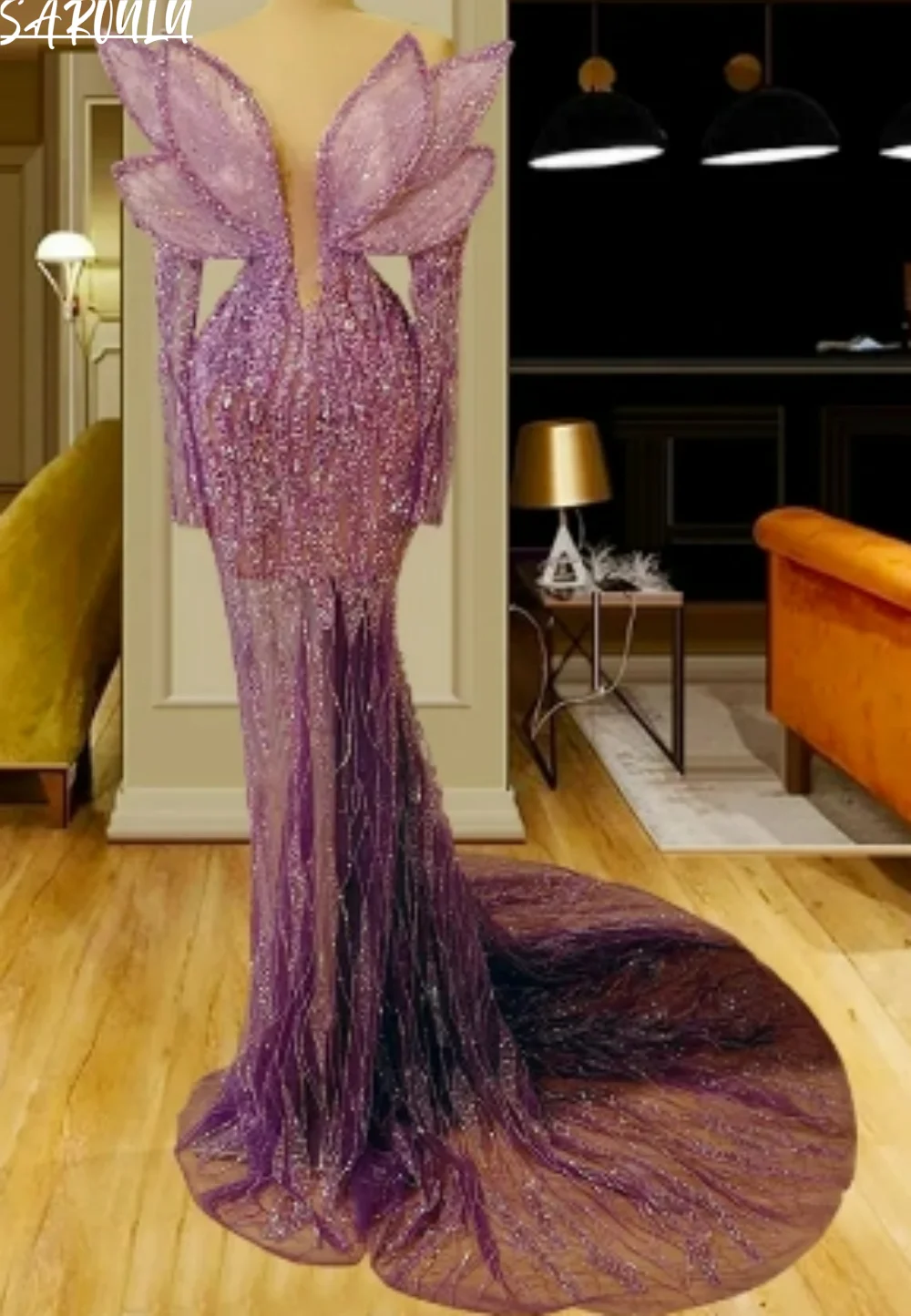 

Illusion Deep V-neck Bride Robe Exquisite Floor-length Evening Dress Sparkly Mermaid Bridal Dresses Vestidos De Novia