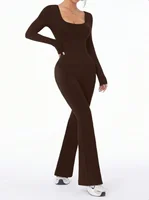 High quality solid color long sleeved compression exercise jumpsuit women's sportswear bell bottom pants sexy push up yoga set - Image 6