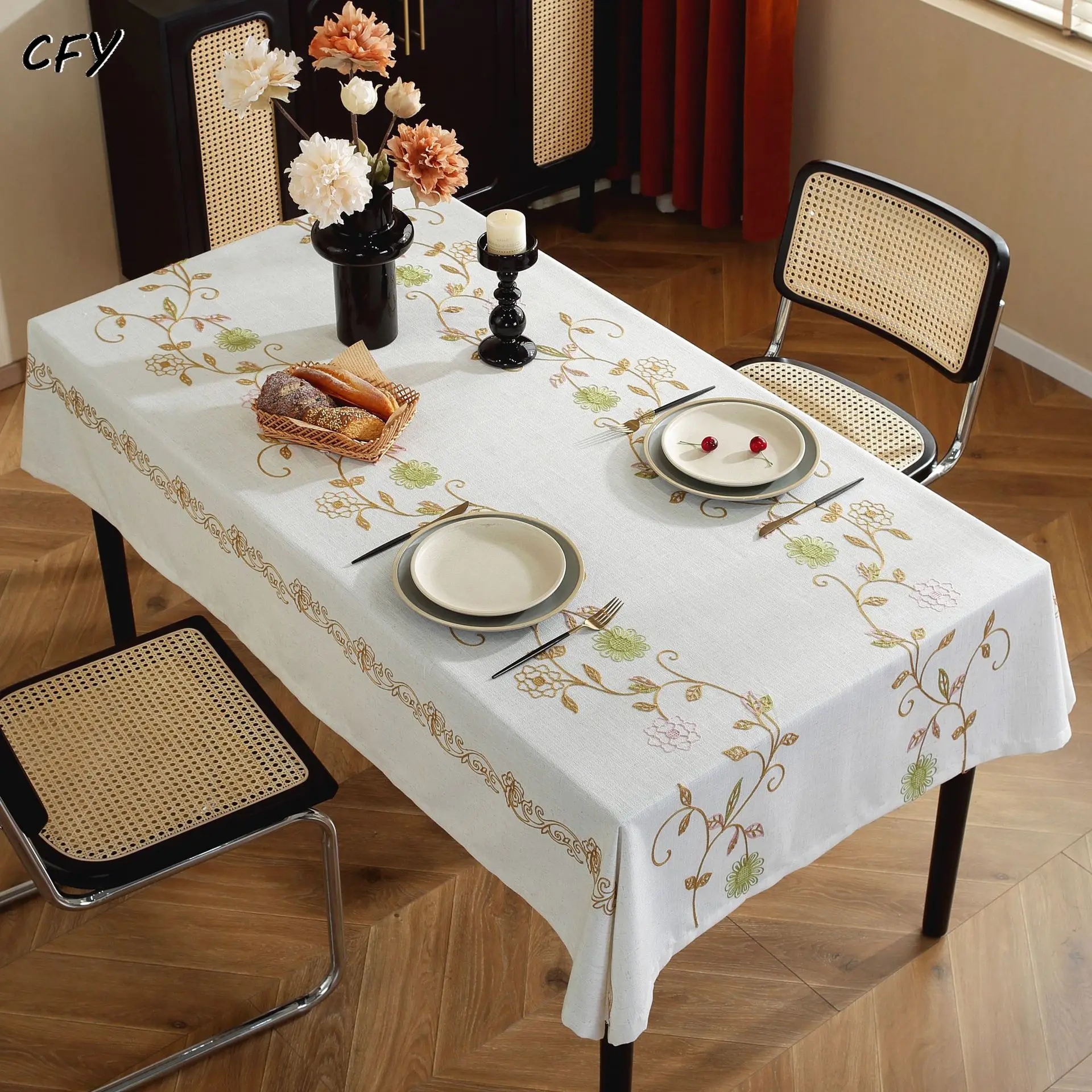 

Cotton Linen Nordic Three-dimensional Embroidery Nordic Vine Patterns Rectangular Tablecloth Pendant Tea Table Pad Meal Cloth