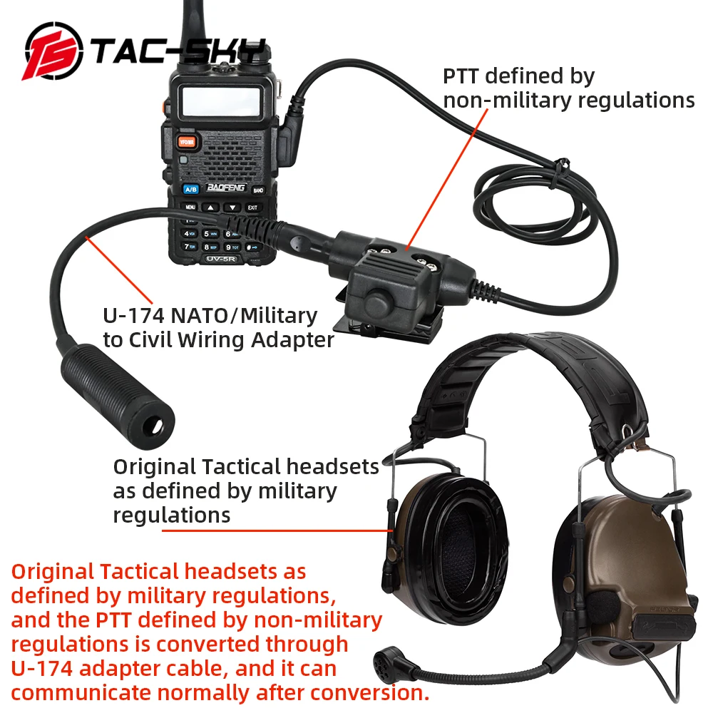 TS TAC-SKY Tactical Headset PTT Adapter Cable Military Standard 7.0mm Plug  for U-174 NATO/Military to Civilian Wire Plug