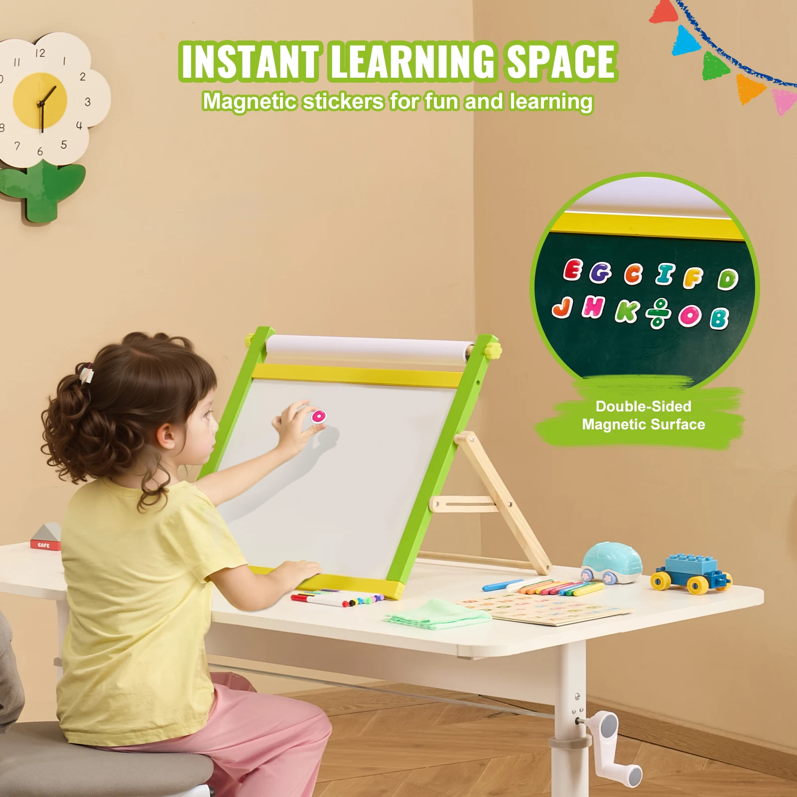 VEVOR Children Magnetic Drawing Board 3-in-1 Double-Sided Wooden Kids Art Easel with Painting Accessories for Boys Girls Toys 4
