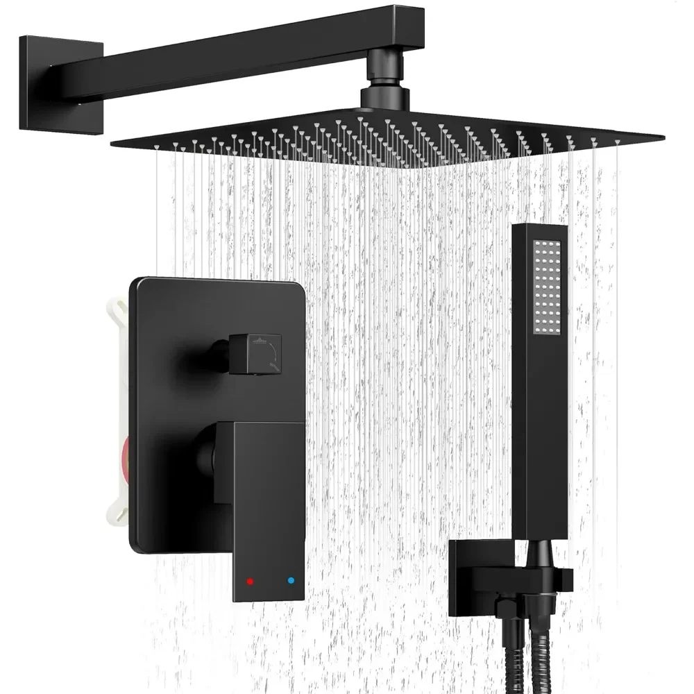 Black Shower Faucet Set with 10-Inch Rain Shower Head and Handheld, Wall Mounted High Pressure Head Set, Shower Combo Set
