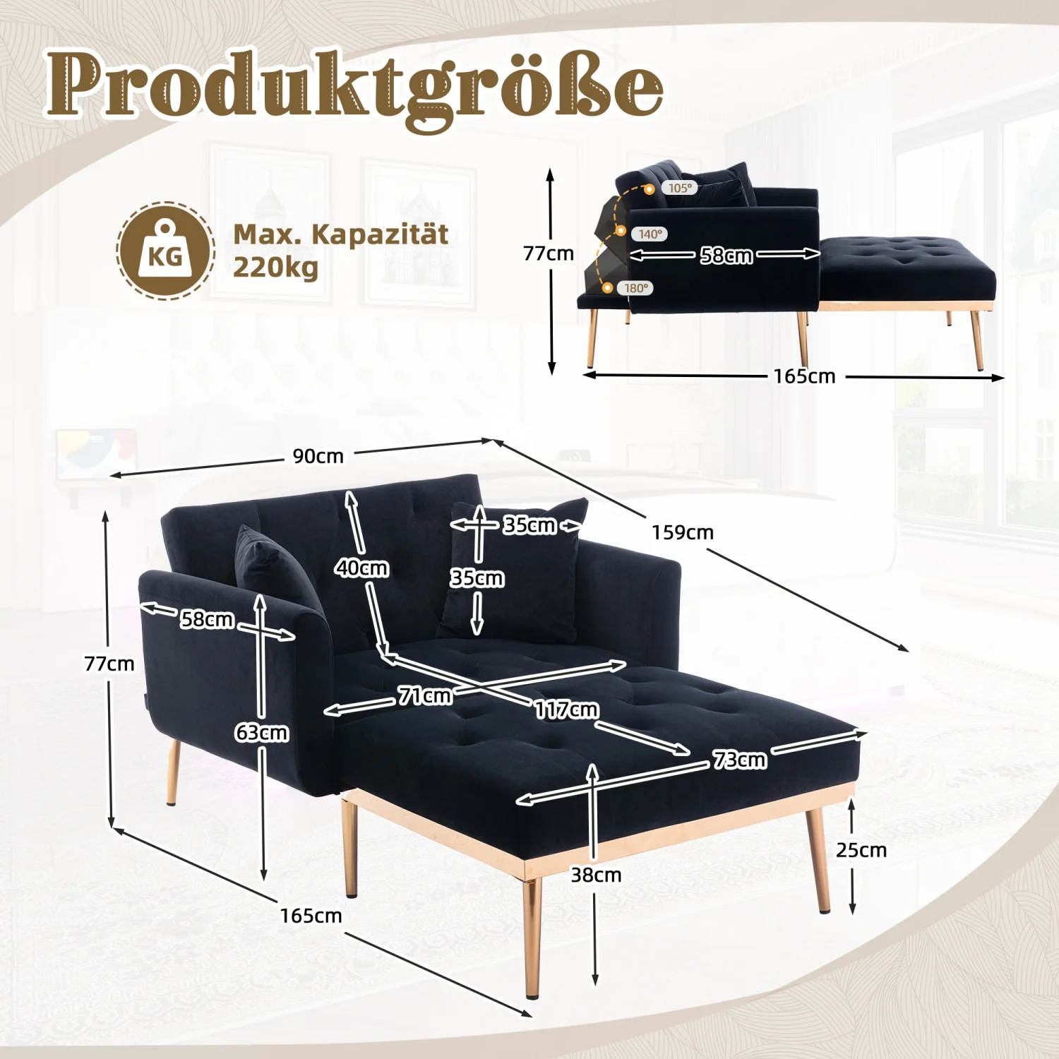 165x90x77cm Couch-convertible bed adjustable backrest armchair deck chair, folding sofa chair for living room bedroom
