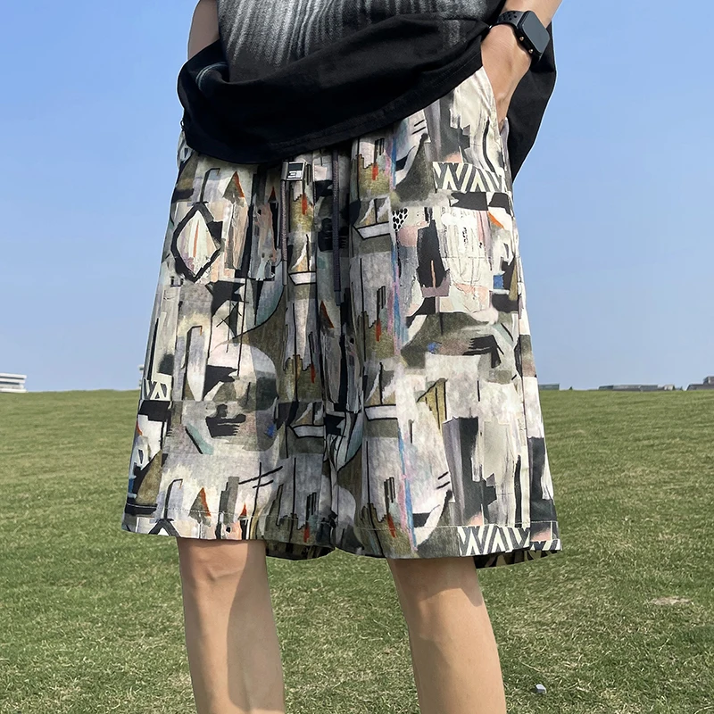 Summer Beach Short Pants Drawstring Elastic Waist Print Cool Short Trousers Baggy Street Trend Breathable Sweatpants