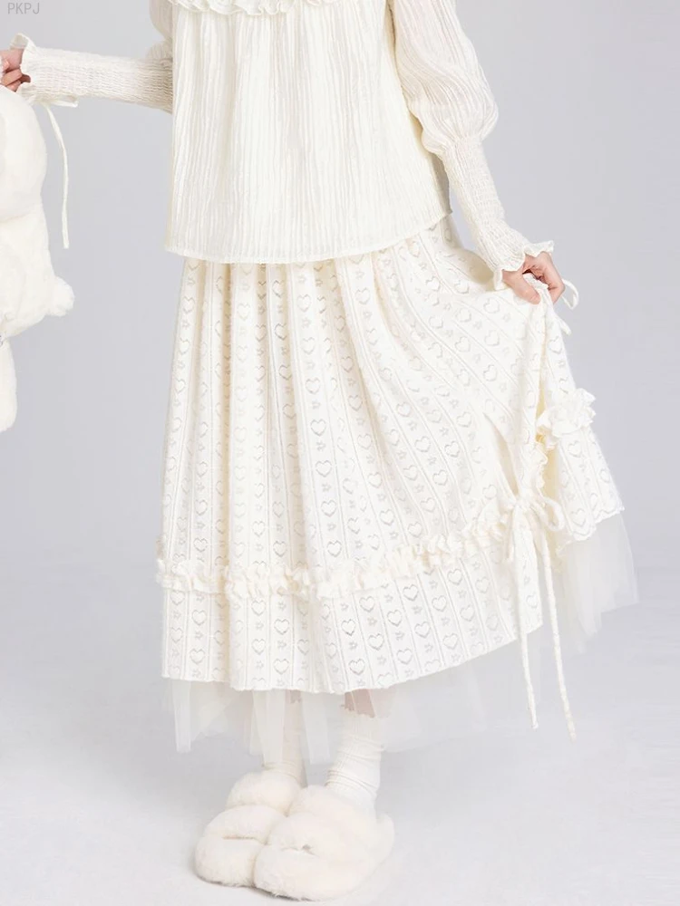 

Sweet Elegant Party Midi Skirts Women Elastic Gauze France Vintage Skirts Female High Waist Bow Japanese Cute Skirts Winter 2024