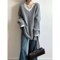 Lace Trim Warm Sweater for Women V Neck Long Sleeve Winter Loose Soft Top Knit Sweater - Image 4