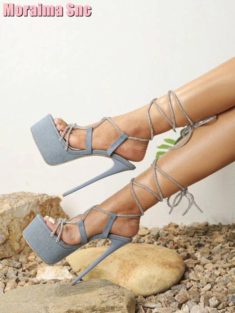 

Denim Platform Crystal Lace Up Sandals Bling Stiletto Super High Heel Cross Strap Banquet Women Shoes Summer Fashion Sexy Solid