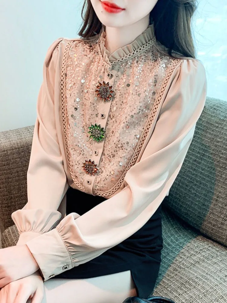 

Spring and Autumn Long-Sleeved Shirt Women's New High-End Top Design Sense Beautiful Rhinestone Buttons Sequins Blouses 2024