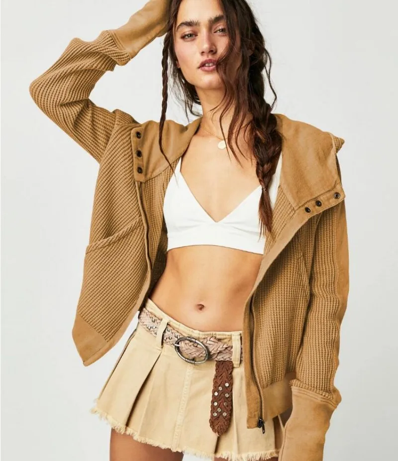 

Women's Jacket Lazy Style Patchwork Sweater Loose Hooded Coat Zippered Hoodie Short Knit Women's Clothing