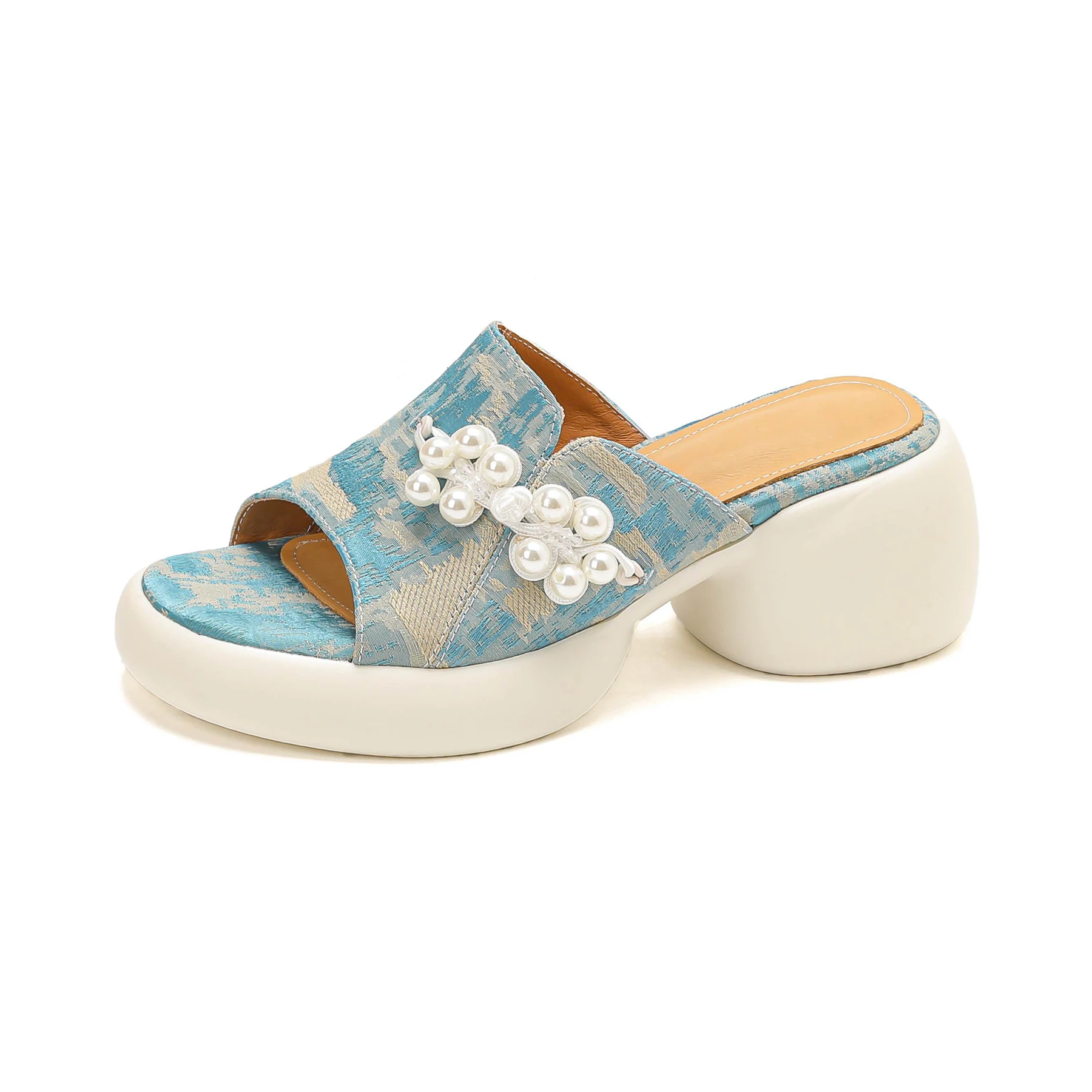 Krazing Pot Cow Split Leather Slip On Summer Shoes Slingback Mules High Heels Pearl Print Vacation Casual Platform Women Sandals