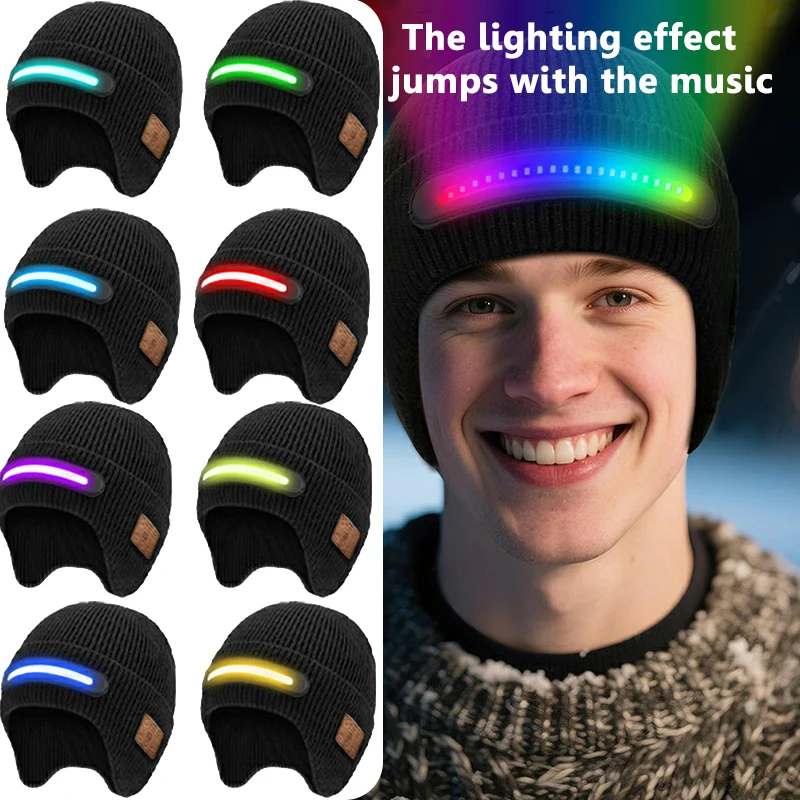 Wirelss Bluetooth Hat RGB Light Headphones Outdoor Sports Music Headset Warm Beanie Smart Cap with Microphone for Running Yoga