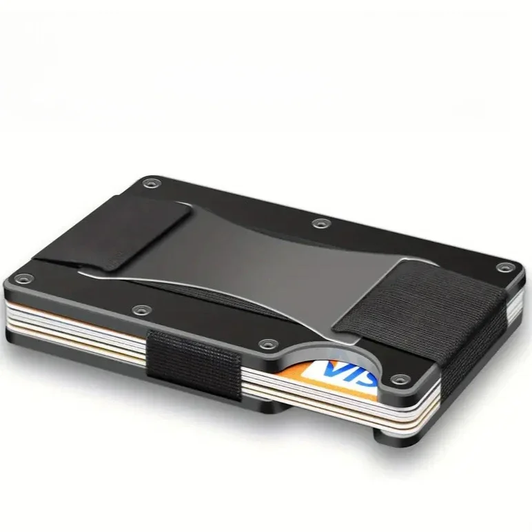 Slim RFID Protection Aluminum Card Holder Wallet with Elastic Back Pouch - Unisex Travel Purse