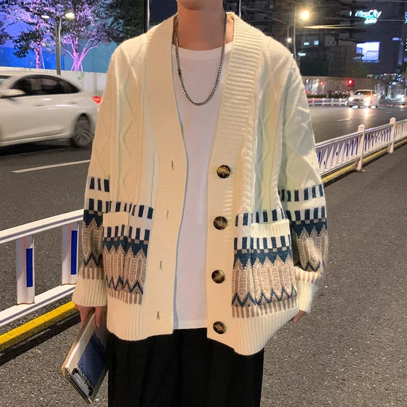 Versatile Korean Style Fall Winter New Men's Sweater Idle Thickened Knitted Top Couple Casual Color Block Cardigan Jacket