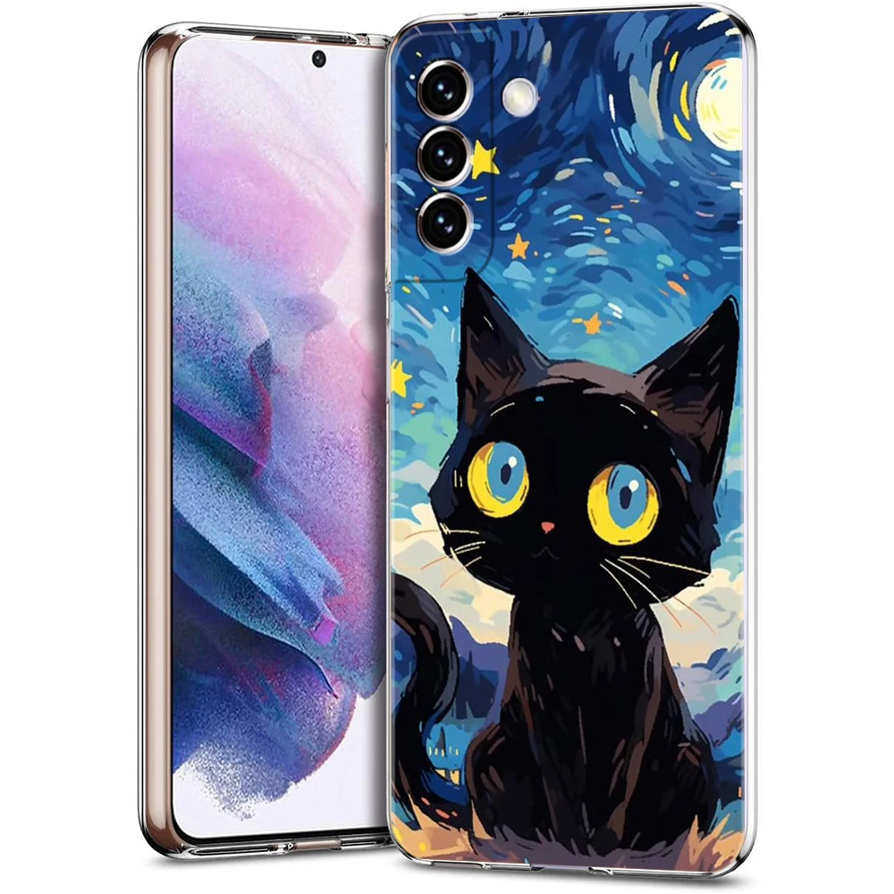 Starry Night Black Cat Artistic Phone Case – Clear Cover