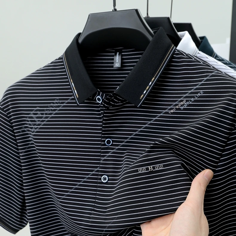 Fashion letter jacquard striped short sleeve polo shirt men's luxury trend brand summer silky breathable new item lapel T-shirt 19 Sd57e570c648c44bfb0ec6fe310bc1af8q