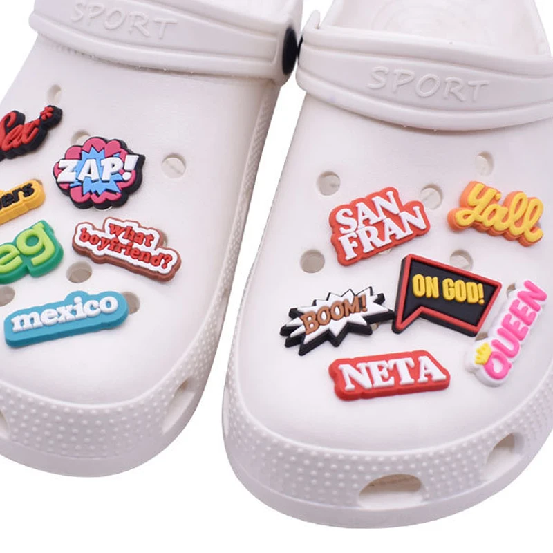 

Wholesale 1pcs PVC Shoe Accessories for Crocs Charms Phrase Badge Women Sandals Buckle Kids Pins Men Decoration Jeans X-mas Gift