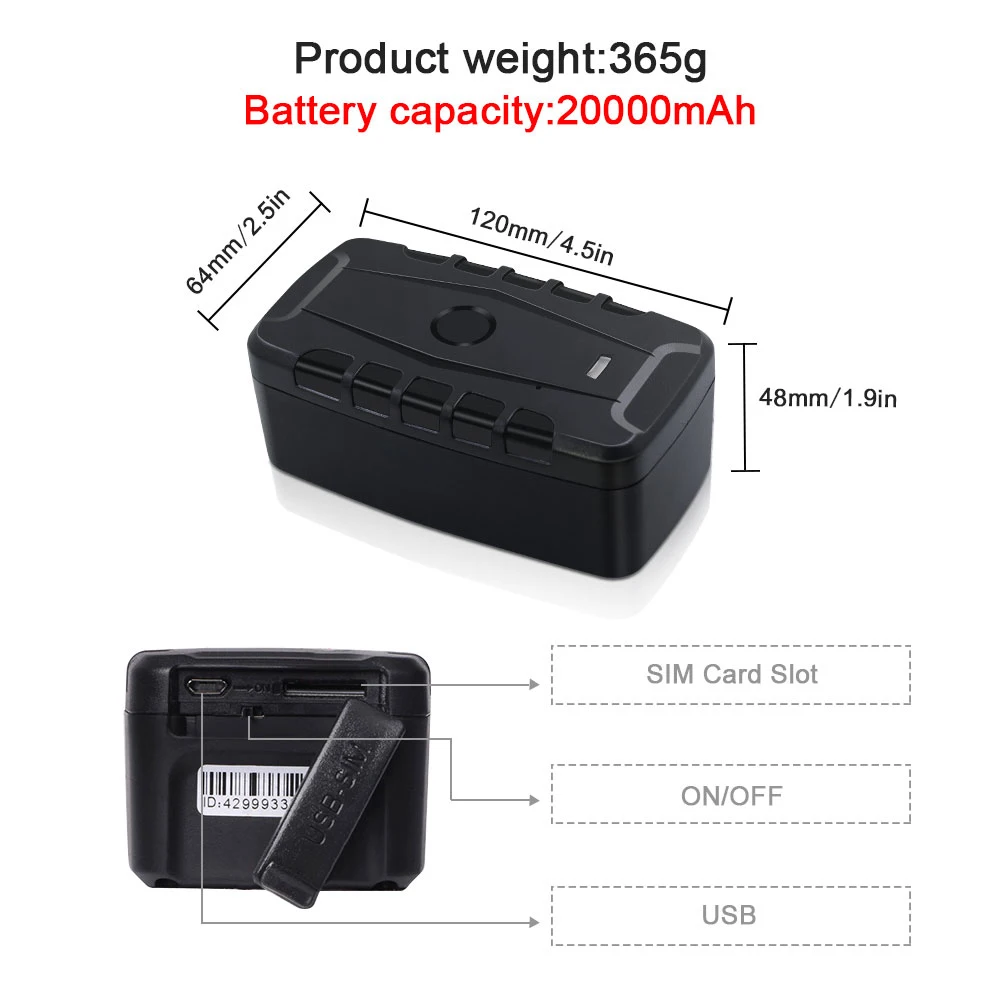 GPS tracker dimension and weight diagram