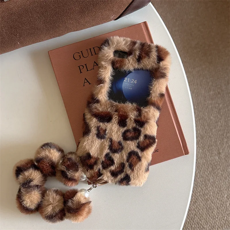 Leopard Print Fluffy Plush Wrist Strap Phone Case with Shockproof Protection