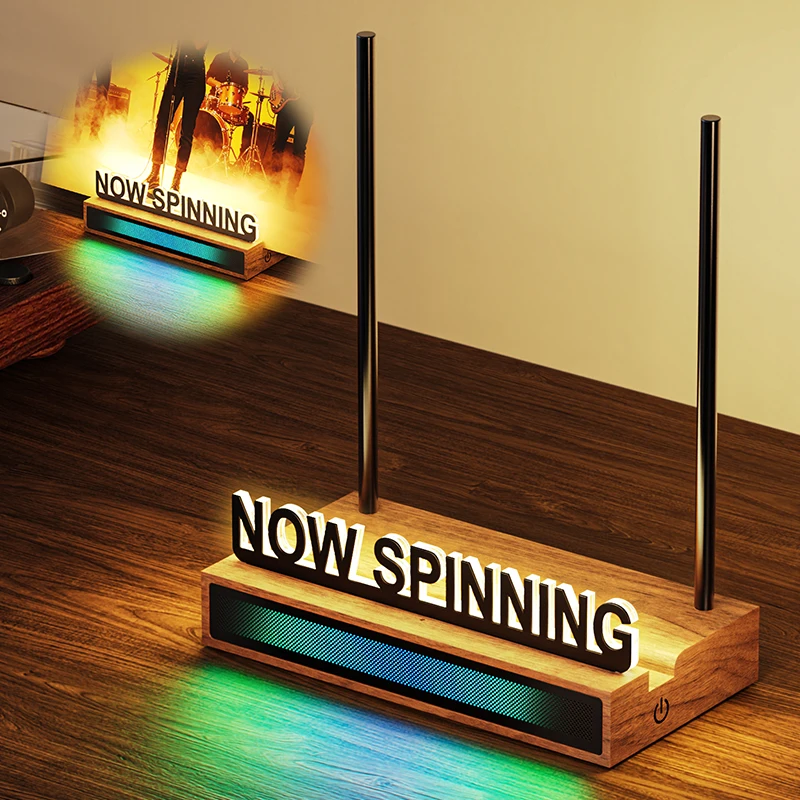 Suporte para Discos de Vinil Giratório com LED Branco Quente e Barra de Luz RGB Controlada por Som, Expositor de Vinil Iluminado com Sensor de Impressão Digital