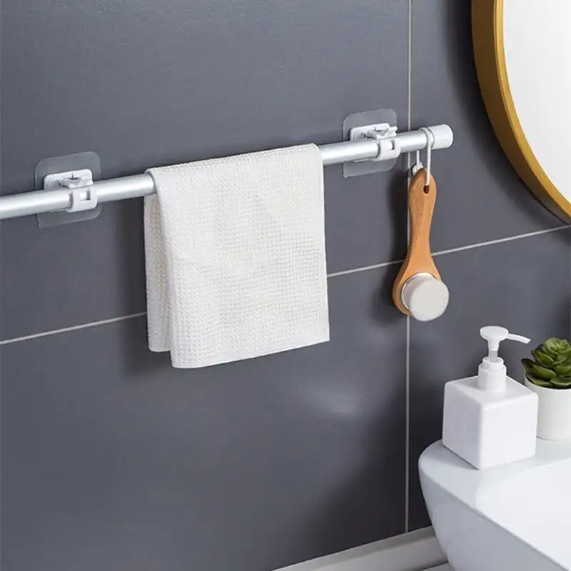 Nail-Free Adjustable Curtain Rod Holder Clamp Hook Rod Bracket Holders Adhesive Wall Curtain Fixed Clip Hanging Rack Hook