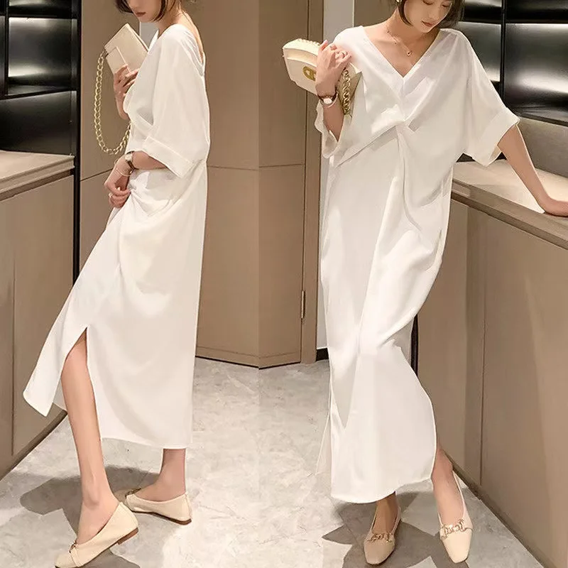 

New Elegant Twisted Knotted T-shirt Skirt Long Dresses Summer Loose Oversized Backless V-Neck Maxi Sexy Pleated Short Sleeves