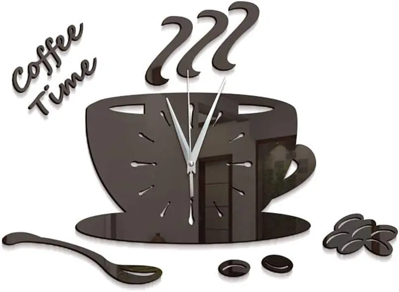 Coffee Cup Creative Silent Wall Clock, Kitchen, Living Room, Restaurant Decoration Clock, DIY Acrylic Mirror Watch