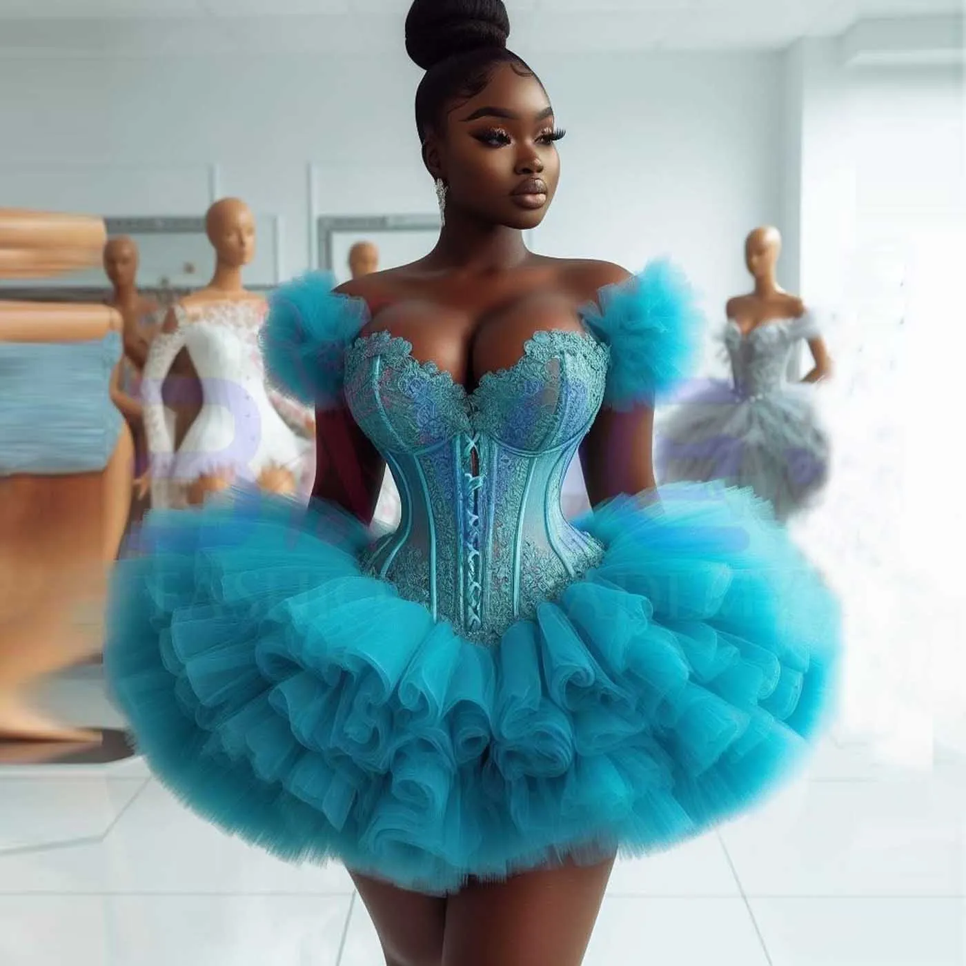 

Sky Blue Puffy Tulle African Short Prom Dresses Off the Shoulder Lace Appliques Aso Ebi Party Dress Mini Black Girls Formal Gown