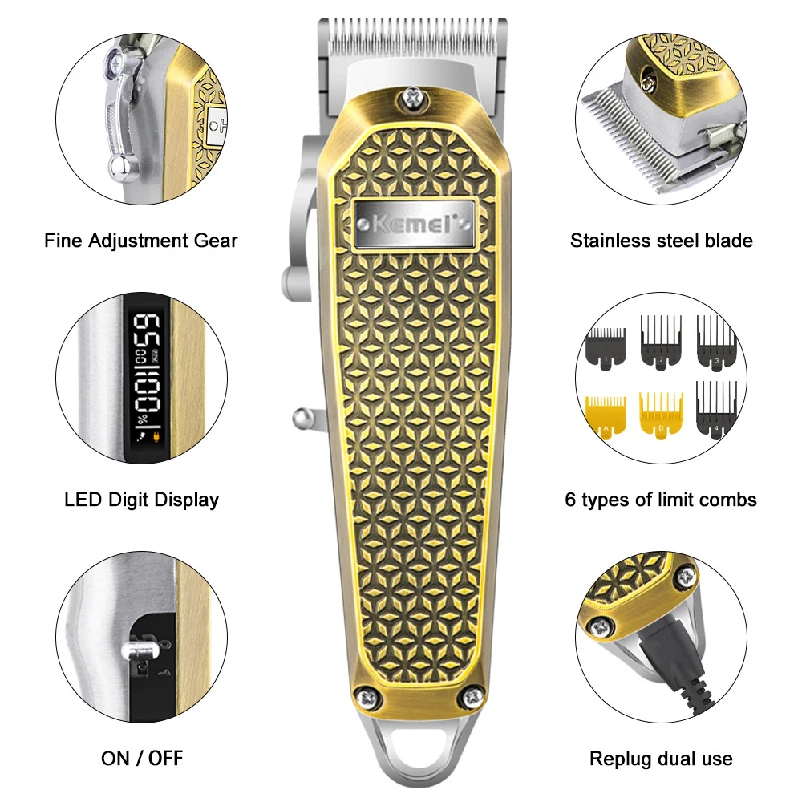 Kemei Barber Full Metal Hair Clipper Lithium Professional Hair Trimmer For Men Electric Cutter Machine Rechargeable