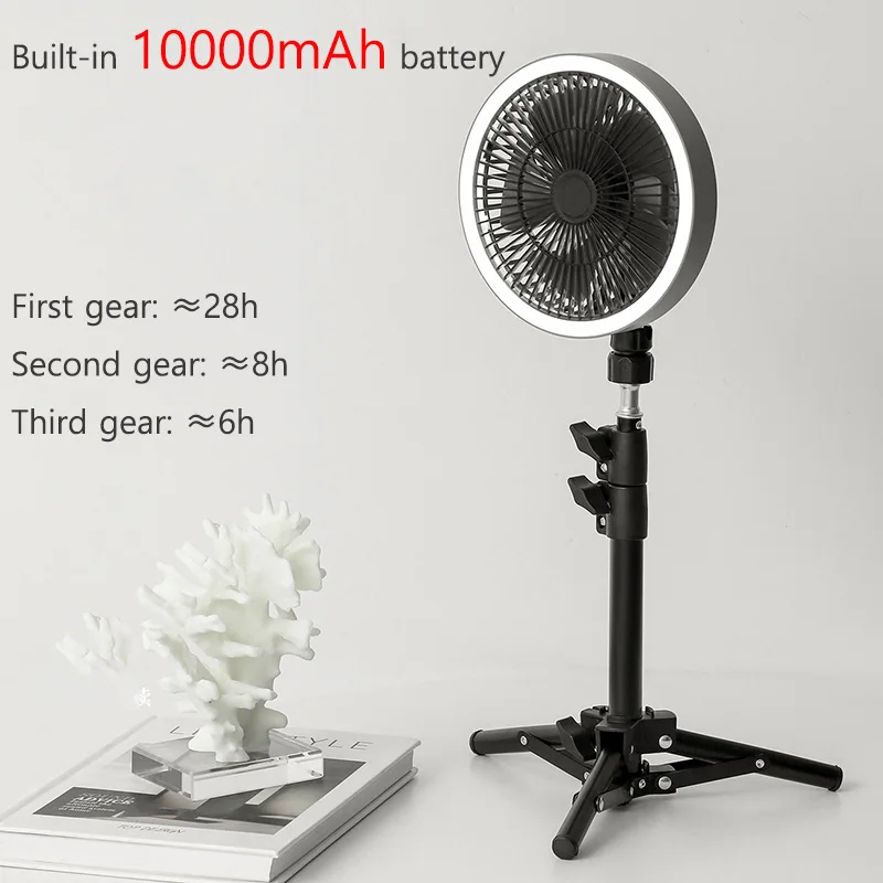 10000mAh Camping Fan Rechargeable Floor Fan Portable Circulator Wireless Ceiling Electric Fan with Power Bank LED Lighting